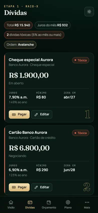 Tela Dívidas no celular