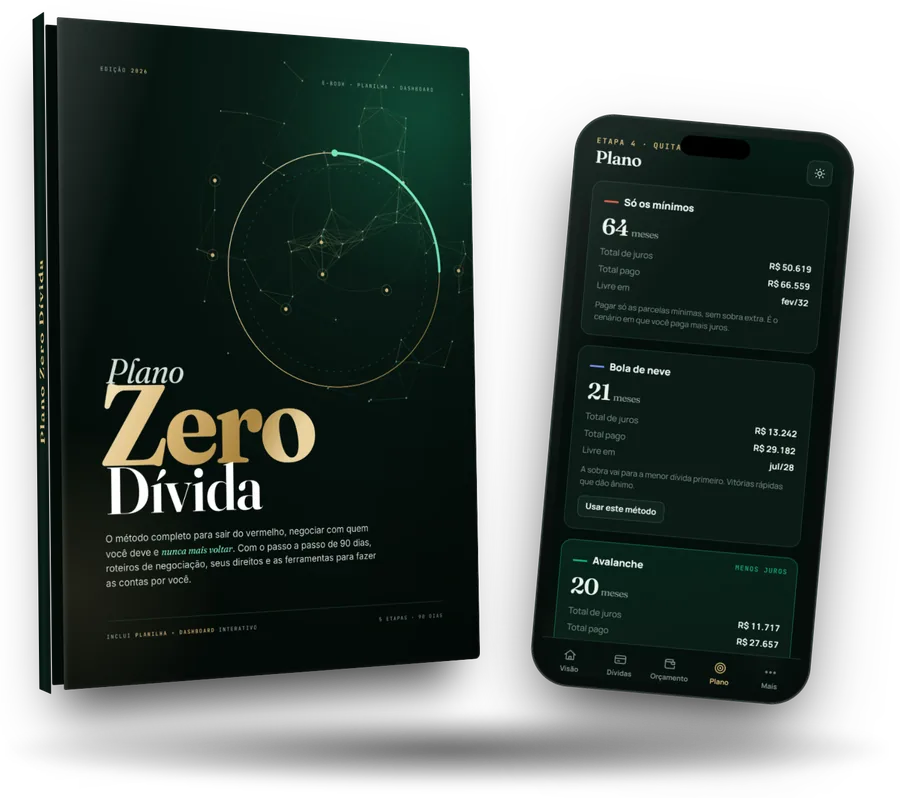 E-book Plano Zero Dívida e o painel aberto no celular
